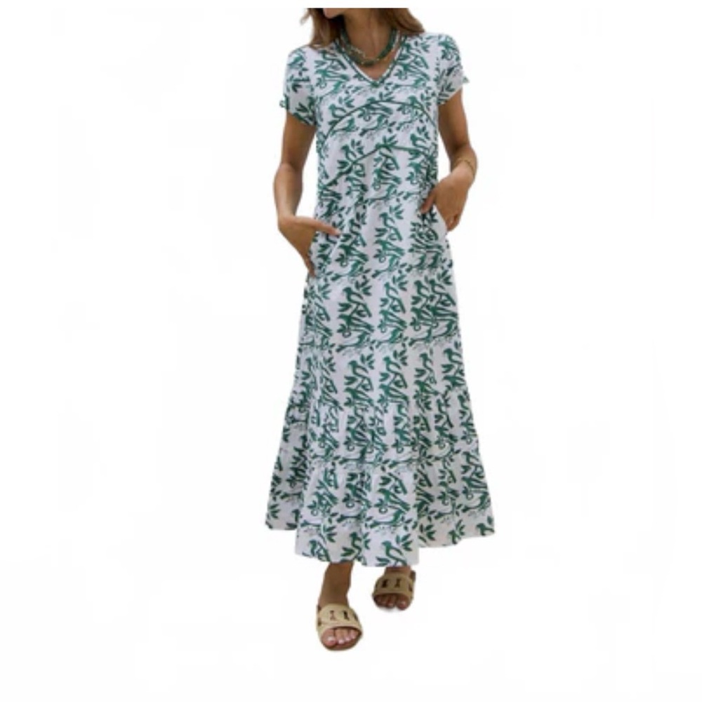 NWT EX VOTO Green/White Bird Print Dress SZ SM pit2pit 18” waist 19” length 51”
